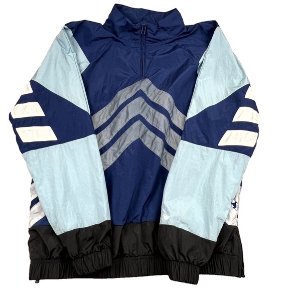 Adidas Orginals Anorak Jacket Men Medium Blue V Striped 1/4 Zip Windbreaker $120